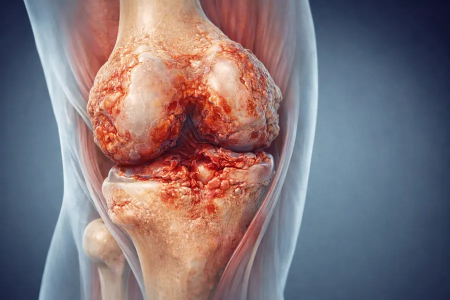 Ilustración de una articulación de rodilla con desgaste articular