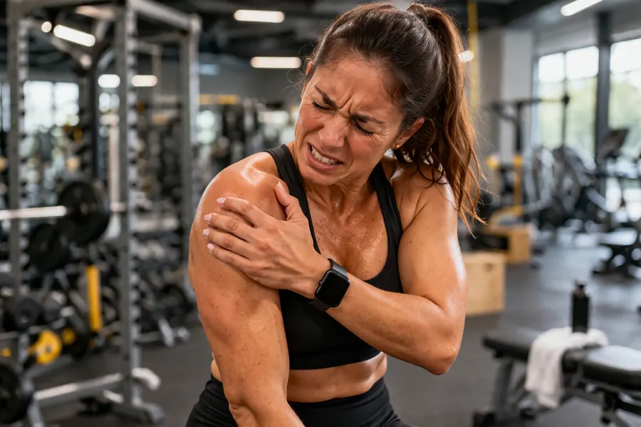 Mujer sosteniendo su hombro con expresión de dolor