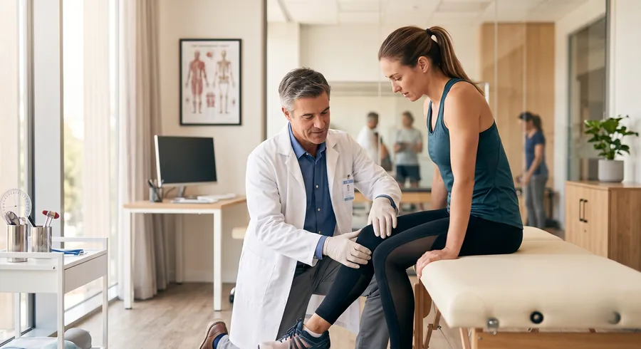 Médico revisando el tobillo de una paciente en consulta
